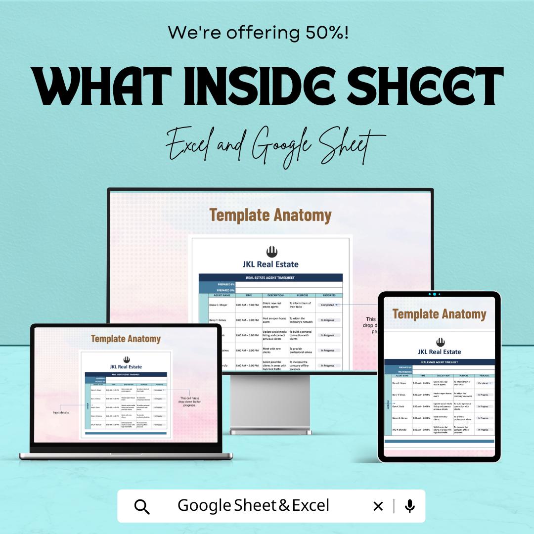Real Estate Agent Timesheet - Excel & Google Sheets | Track Work Hours, Appointments, and Tasks | Customizable Template