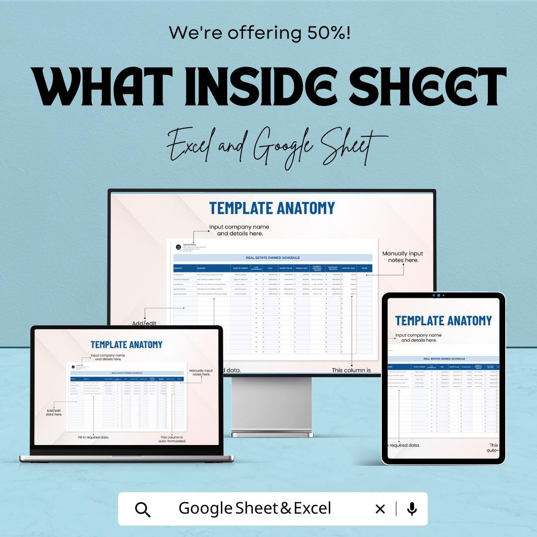 Real Estate Owned Schedule Template | Rental Property Tracker | Property Management Spreadsheet | Excel Google Sheets | Investment Tracker