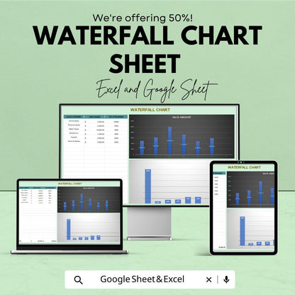 Waterfall Chart Excel & Google Sheet Template - Sales Tracking and Financial Analysis - Automated Data Visualization for Business