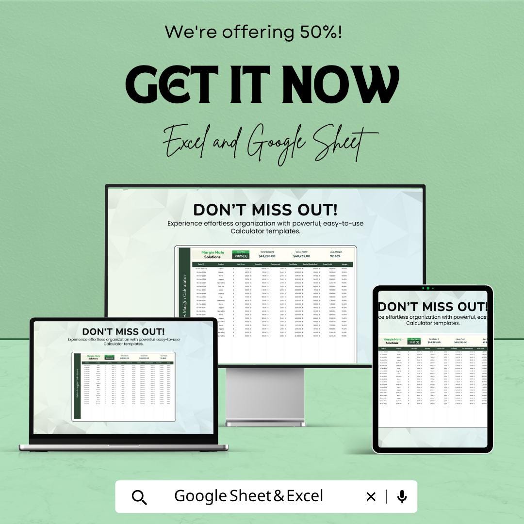 Sales Margin Calculator Template | Profit Margin Spreadsheet | Pricing and Cost Analysis Tool | Excel & Google Sheets Business Tracker