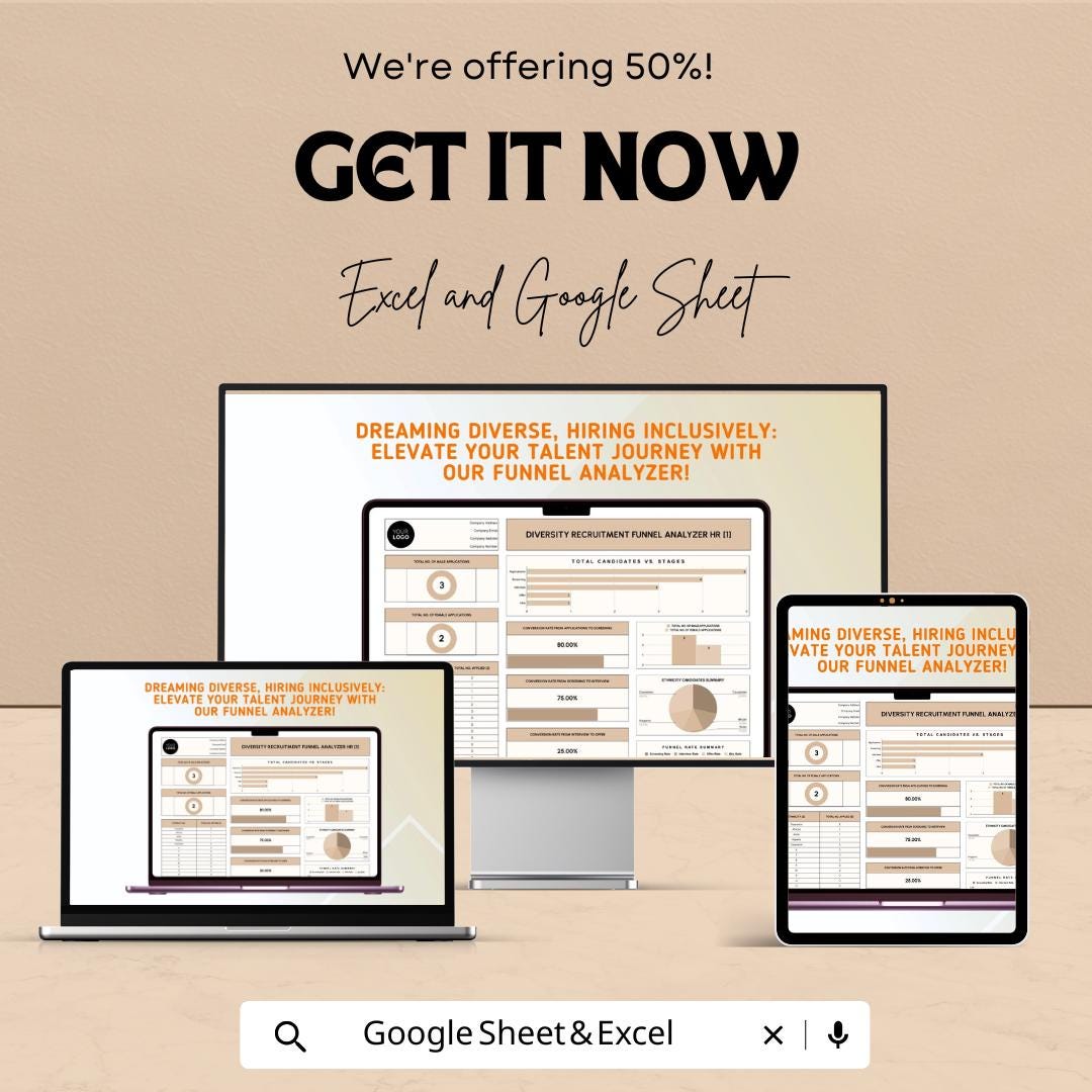 Diversity Recruitment Funnel Analyzer HR Template | DEI Hiring Analytics | Recruitment Diversity Dashboard | Excel & Google Sheets HR Tool