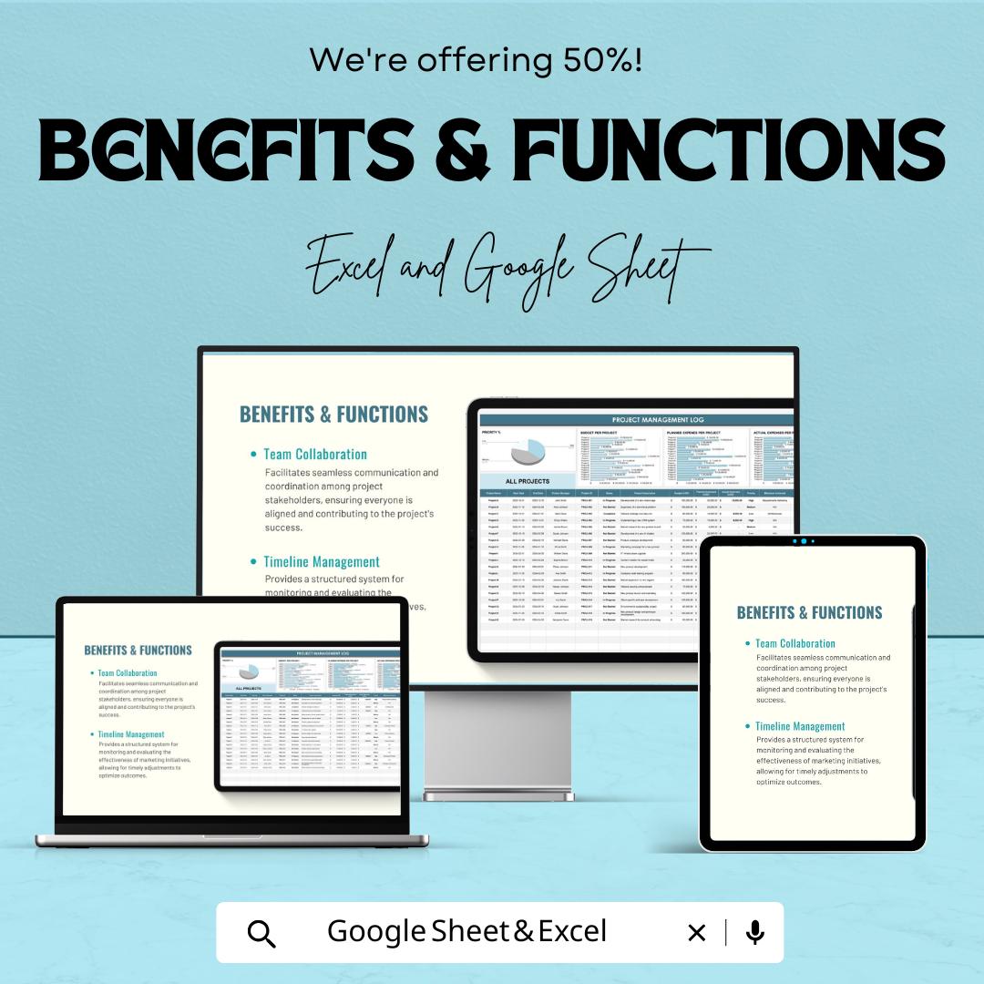 Project Management Log Sheet | Excel and Google Sheets Template | Track Projects, Budget & Expenses | Project Planning and Task Tracker