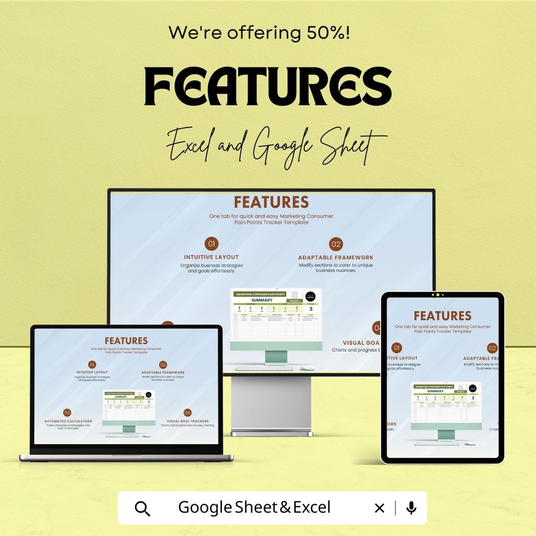 Marketing Consumer Pain Points Tracker Sheet | Customer Feedback Template | Excel & Google Sheets | Marketing Strategy Tool