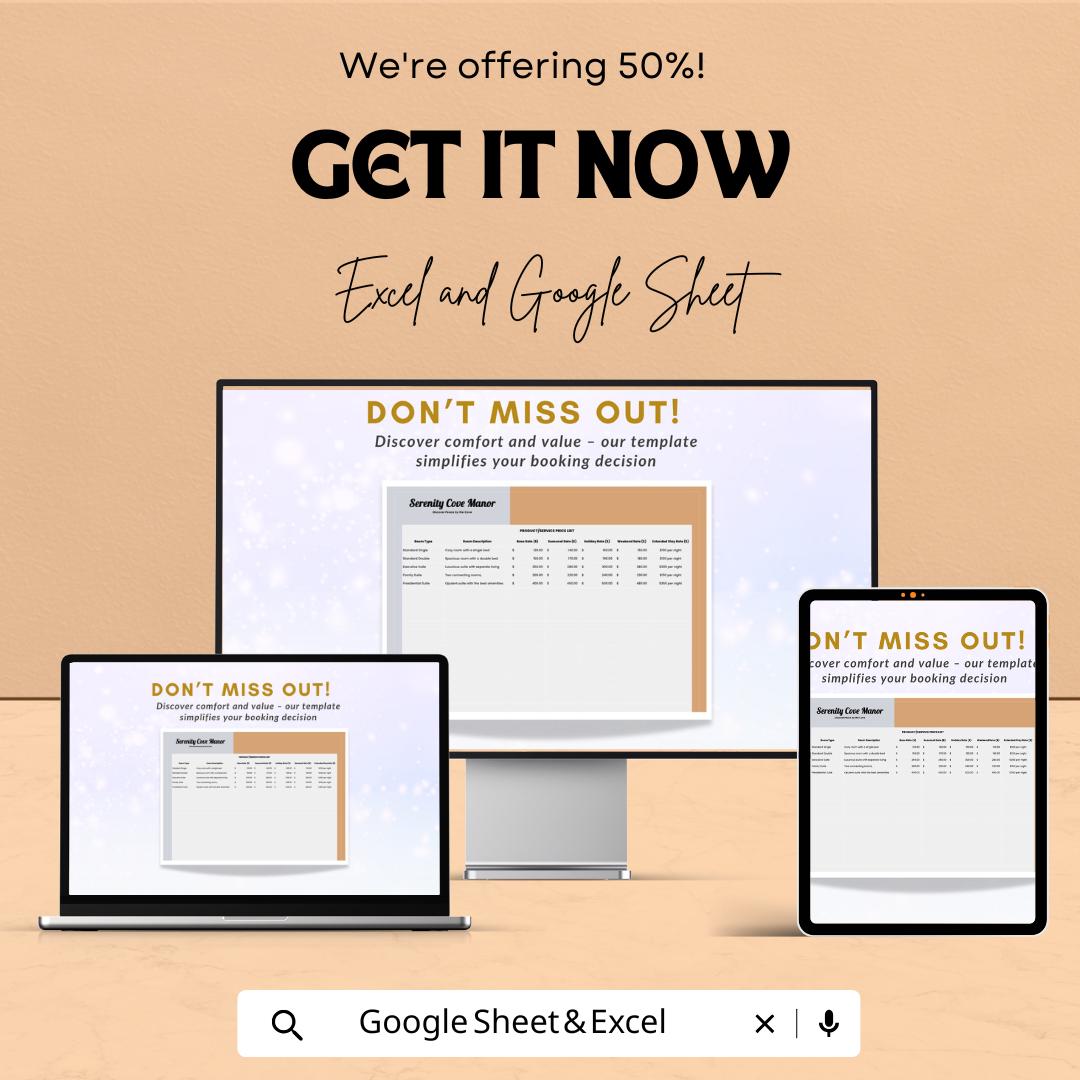 Hotel Price List Sheet | Excel and Google Sheets Template | Room Rate & Service Pricing Management Tool