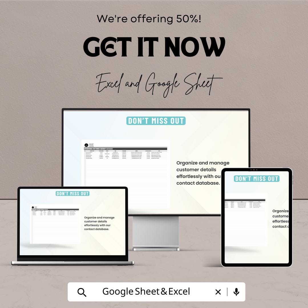 Operations Customer Contact Database Sheet | Excel and Google Sheets | Organize & Manage Customer Info | Customizable | Instant Download