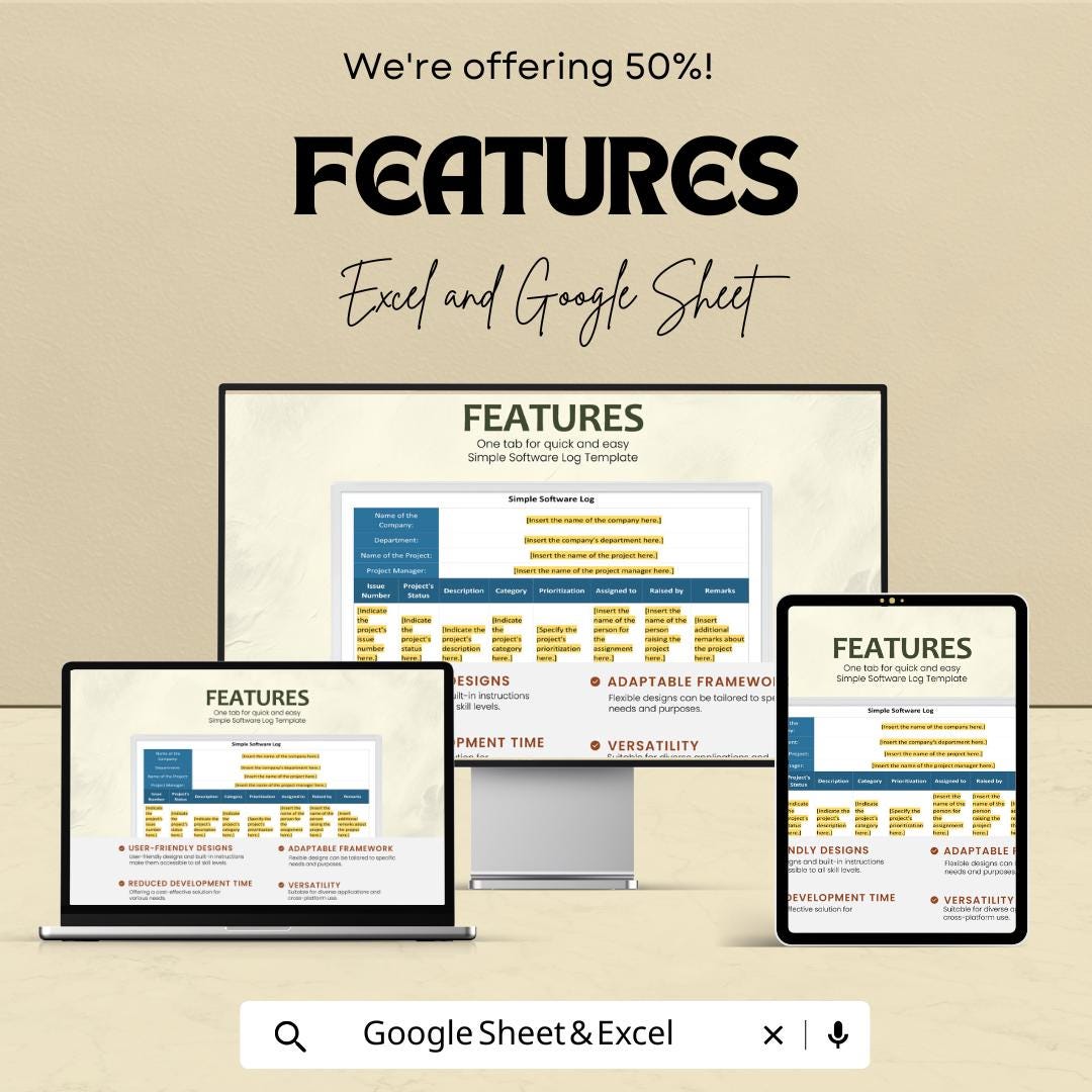 Simple Software Log Template | Excel & Google Sheets | Bug Tracker | Project Management Spreadsheet | Issue Tracking Log | Digital Download