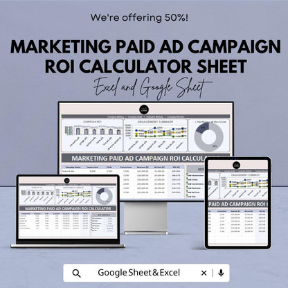 Marketing Paid Ad Campaign ROI Calculator Sheet - Excel & Google Sheet for Ad Performance Analysis