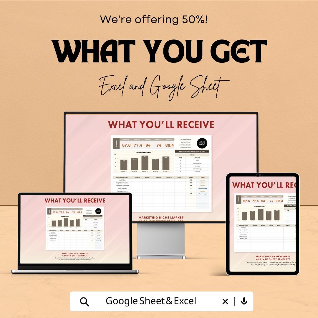 Marketing Niche Market Analysis Sheet | Excel and Google Sheets Template for Market Research | Track Business Performance | 50% Off