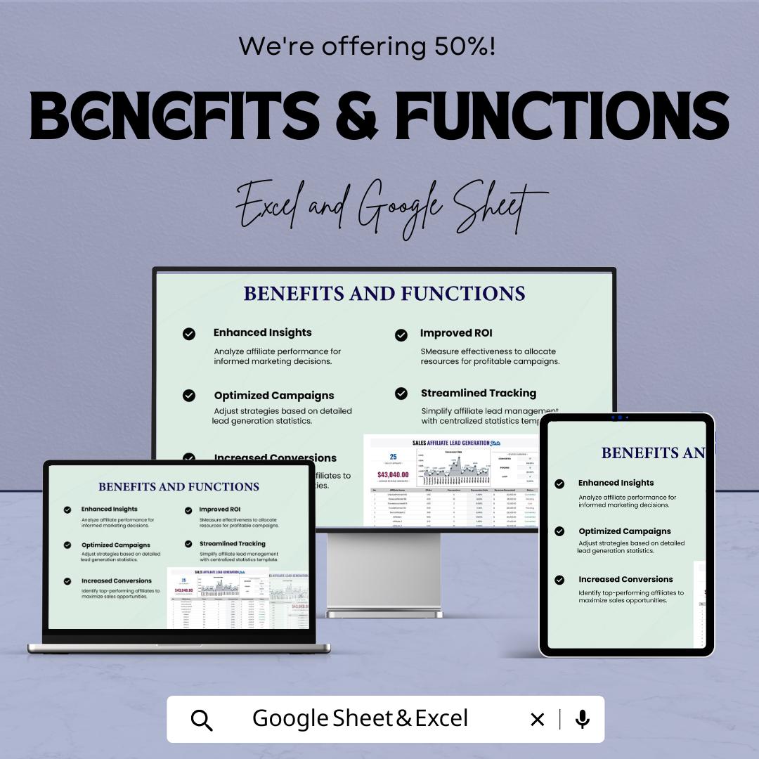 Sales Affiliate Lead Generation Stats Template | Conversion Tracking Dashboard | Affiliate Performance Report | Excel & Google Sheets