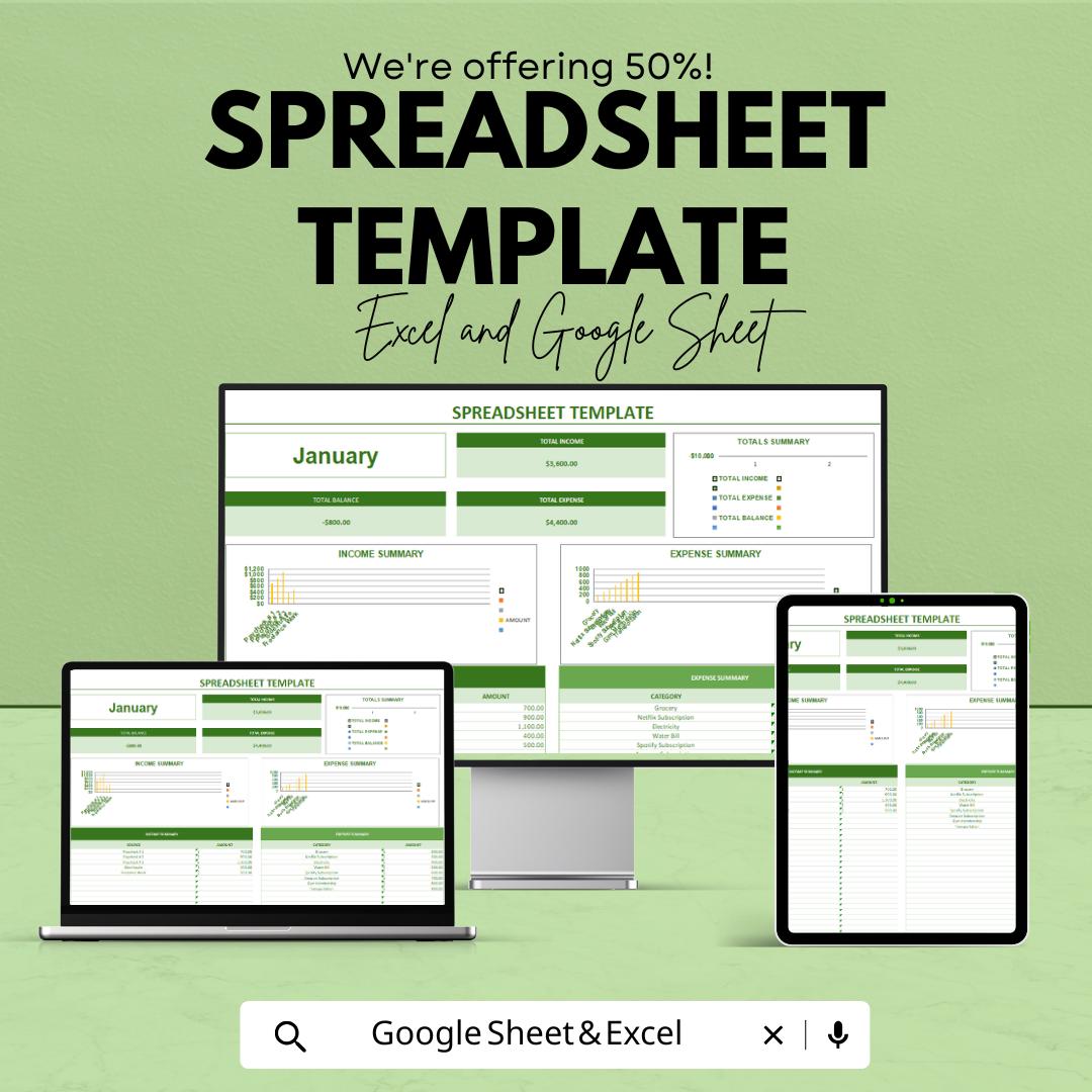 Monthly Budget Spreadsheet Template | Income and Expense Tracker | Google Sheets and Excel Template | Finance Tracker | Budget Planner Sheet