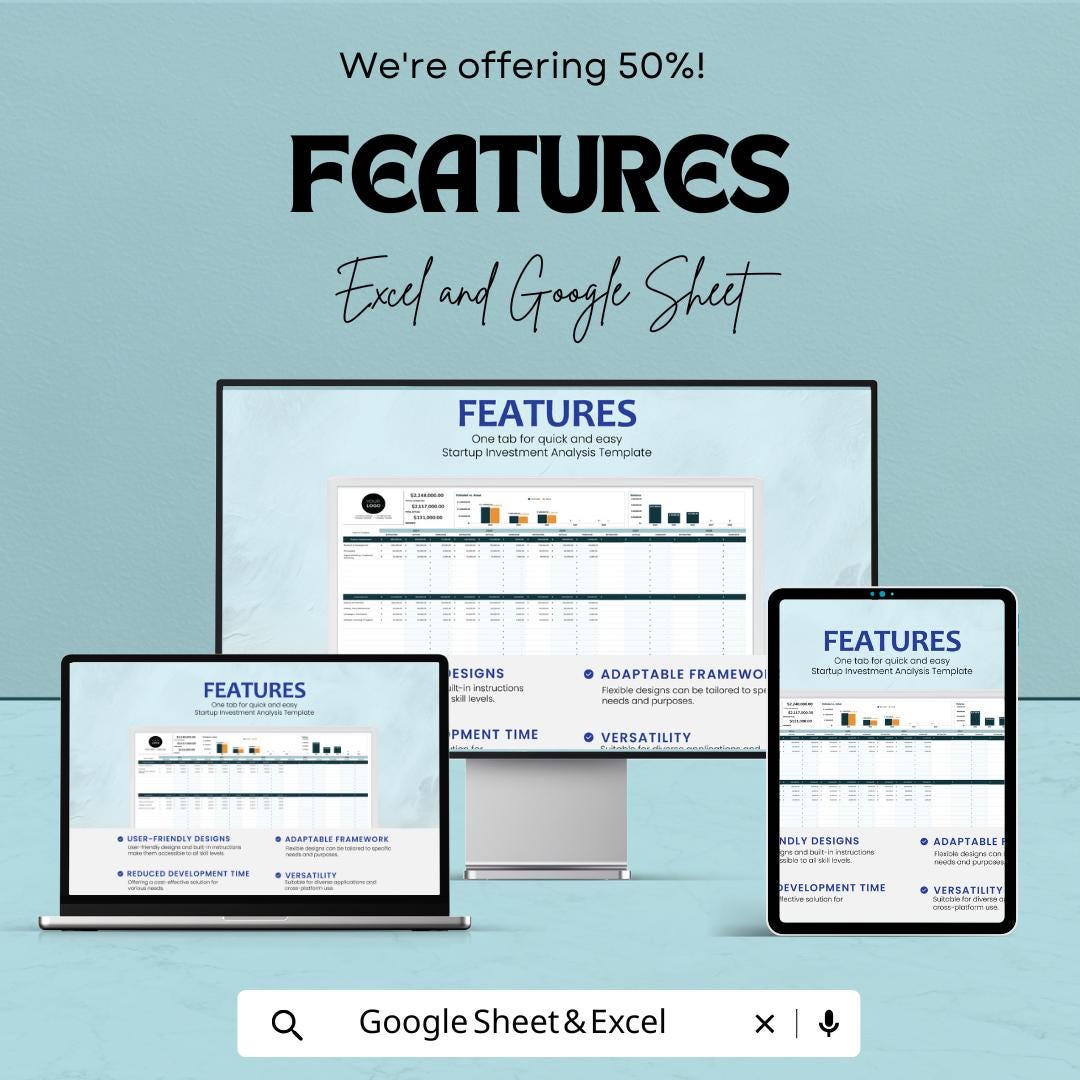 Startup Investment Analysis Template | Excel and Google Sheets | Investment Projection Spreadsheet | Startup Financial Model |