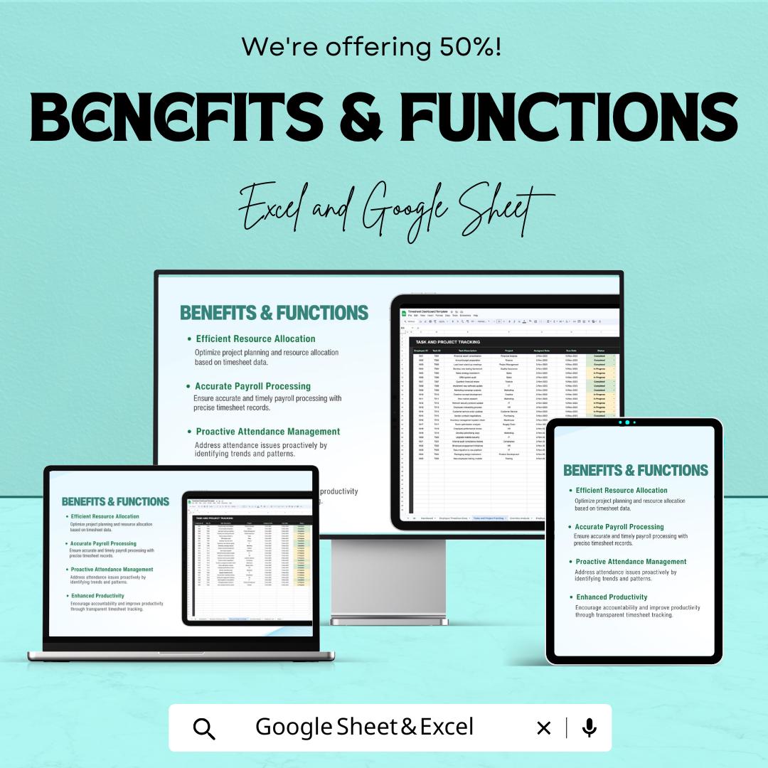 Timesheet Dashboard - Employee Timesheet Tracker - Google Sheet Template - Time Management Dashboard - Task & Project Tracking Sheet