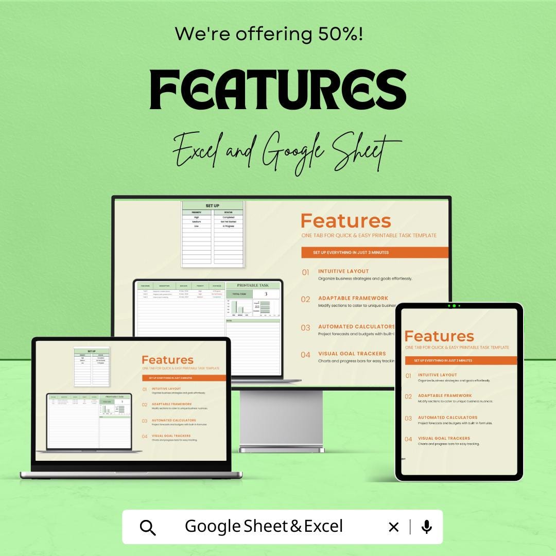 Printable Task Sheet - Task Planner Template, Excel & Google Sheets, Printable Daily Planner, Track Your Tasks and Deadlines