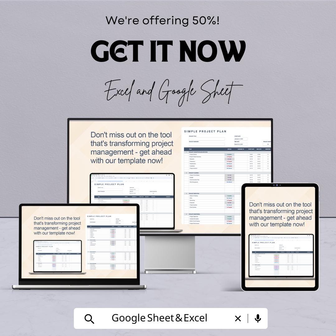 Simple Project Plan Sheet | Excel and Google Sheets Template | Project Management Planner | Task Tracker | Milestone & Budget Planner |