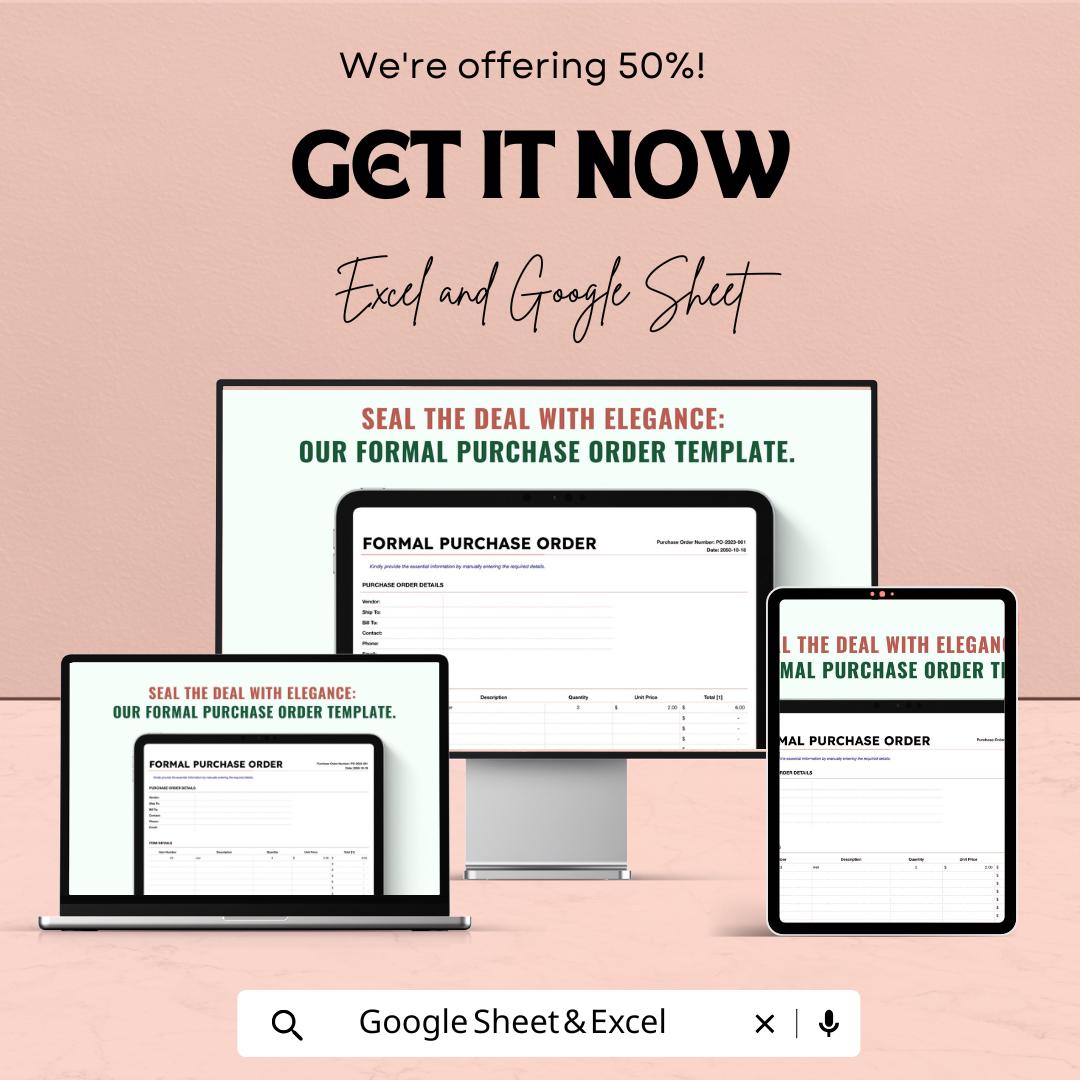 Formal Purchase Order Sheet | Fillable Excel & Google Sheet Template | Professional Procurement Template | Editable Order Form