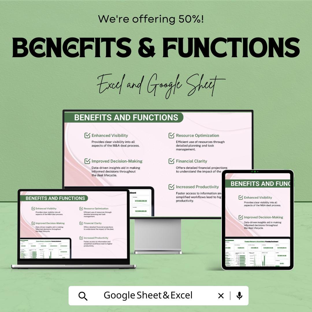 Mergers and Acquisitions Finance Planning Dashboard - Excel and Google Sheets Template for M&A Analysis and Strategy