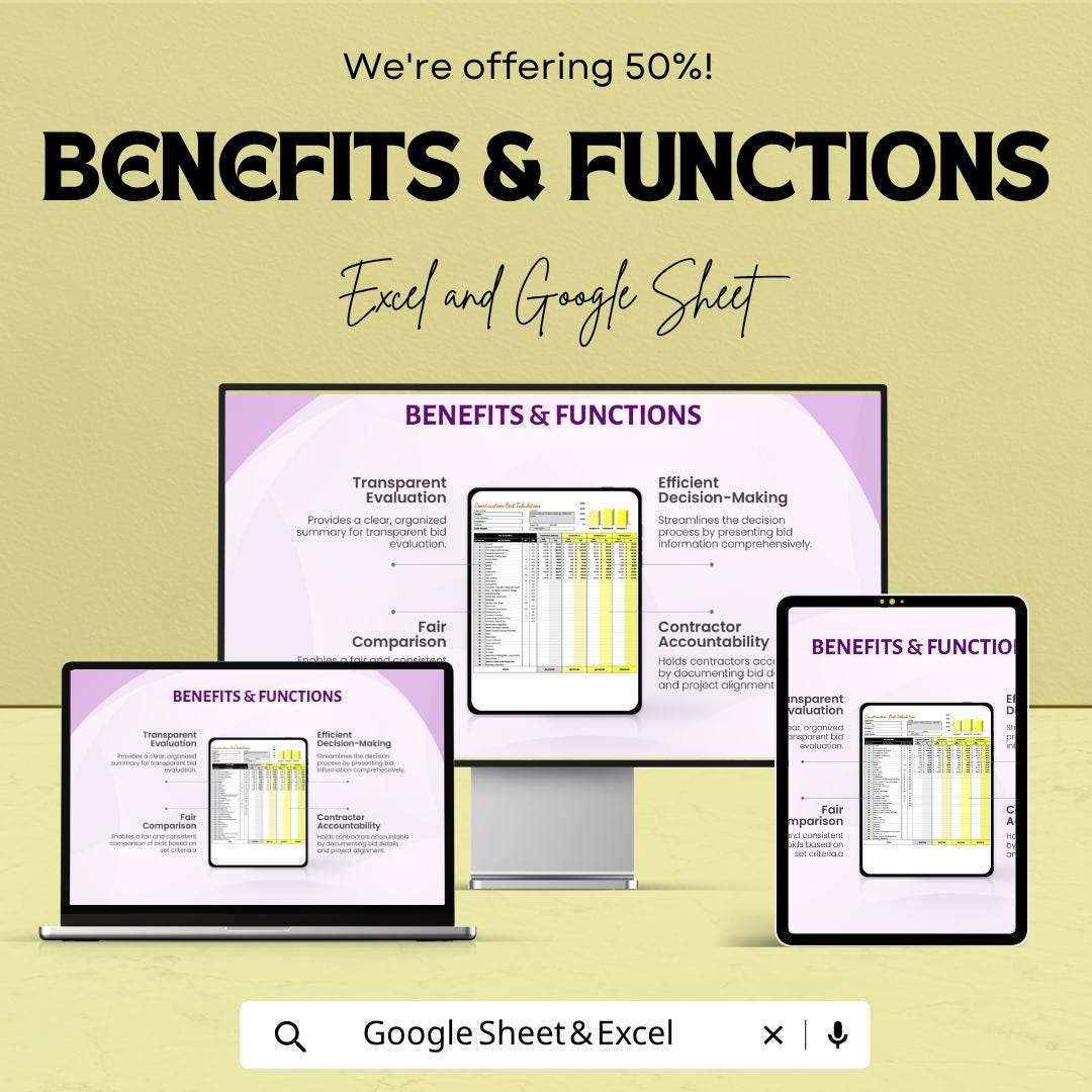 Construction Bid Tabulation Template Excel Google Sheets | Contractor Bid Comparison Spreadsheet | Project Cost Estimator |