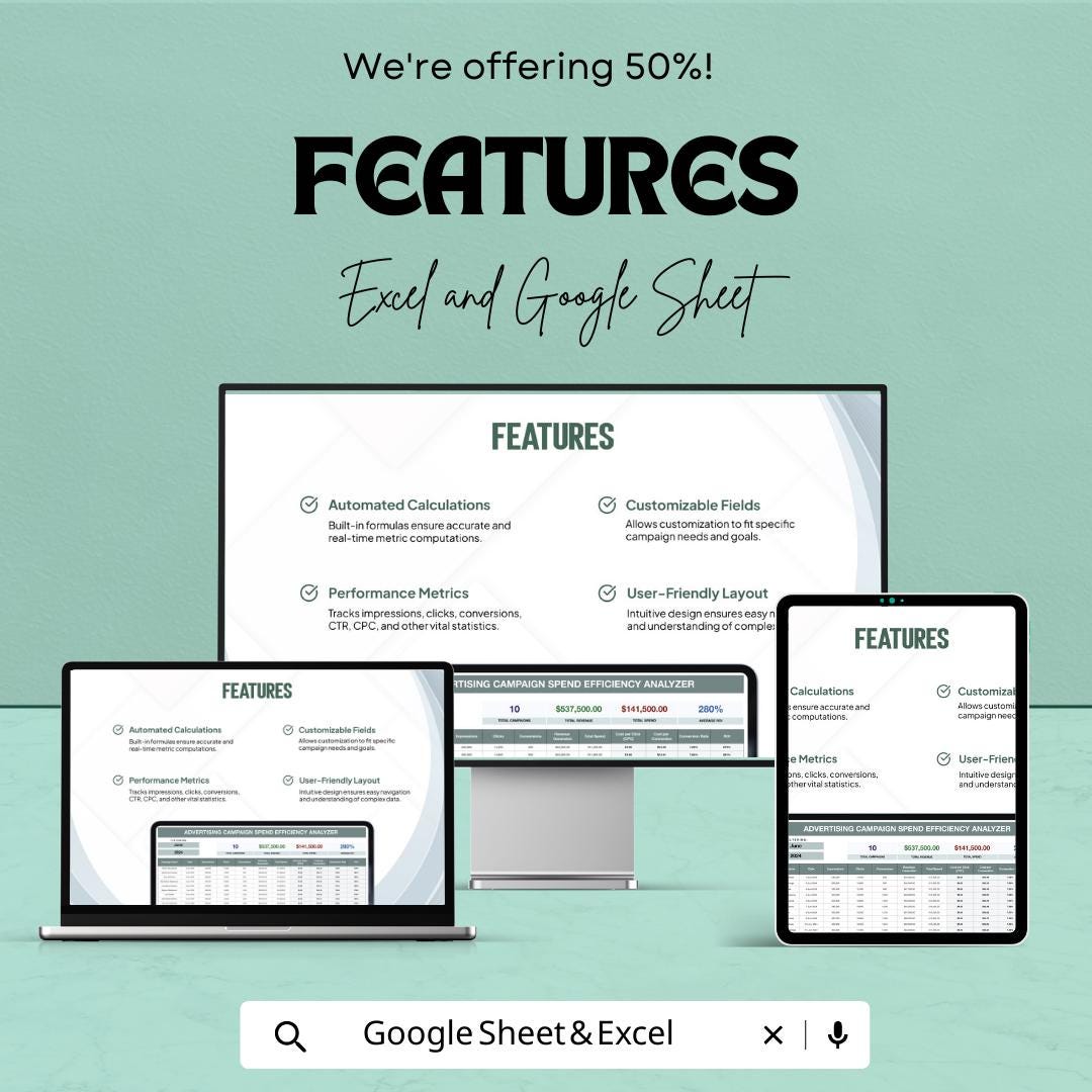 Advertising Campaign Spend Efficiency Analyzer Template | Marketing ROI Tracker | Ad Budget Planner | Campaign Performance Dashboard