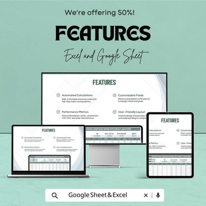 Advertising Campaign Spend Efficiency Analyzer Template | Marketing ROI Tracker | Ad Budget Planner | Campaign Performance Dashboard