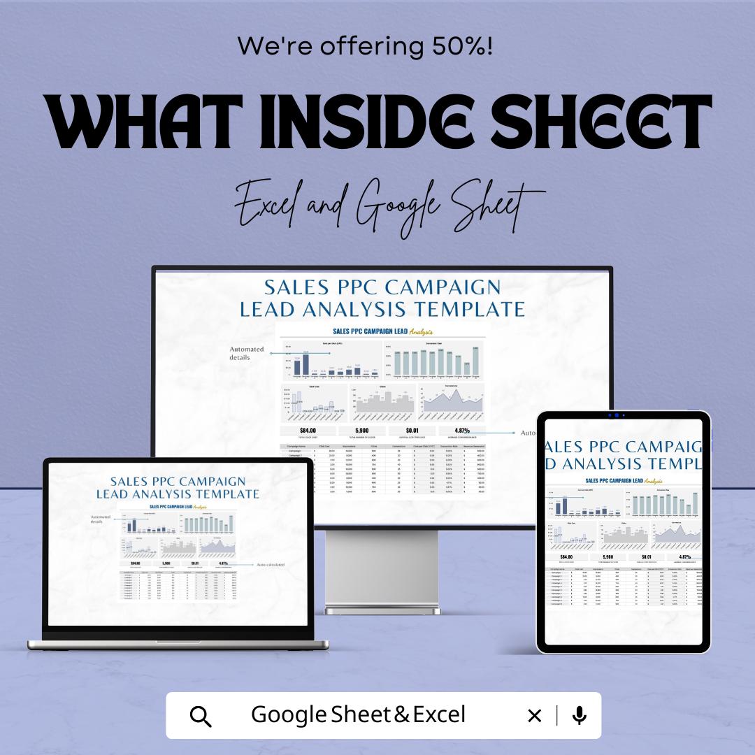 Sales PPC Campaign Lead Analysis Template | PPC Marketing Dashboard | Cpc CTR Conversion Tracker