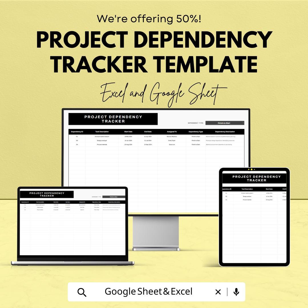 Project Dependency Tracker Template | Task Dependency Log | Project Management Spreadsheet | Excel & Google Sheets Planner