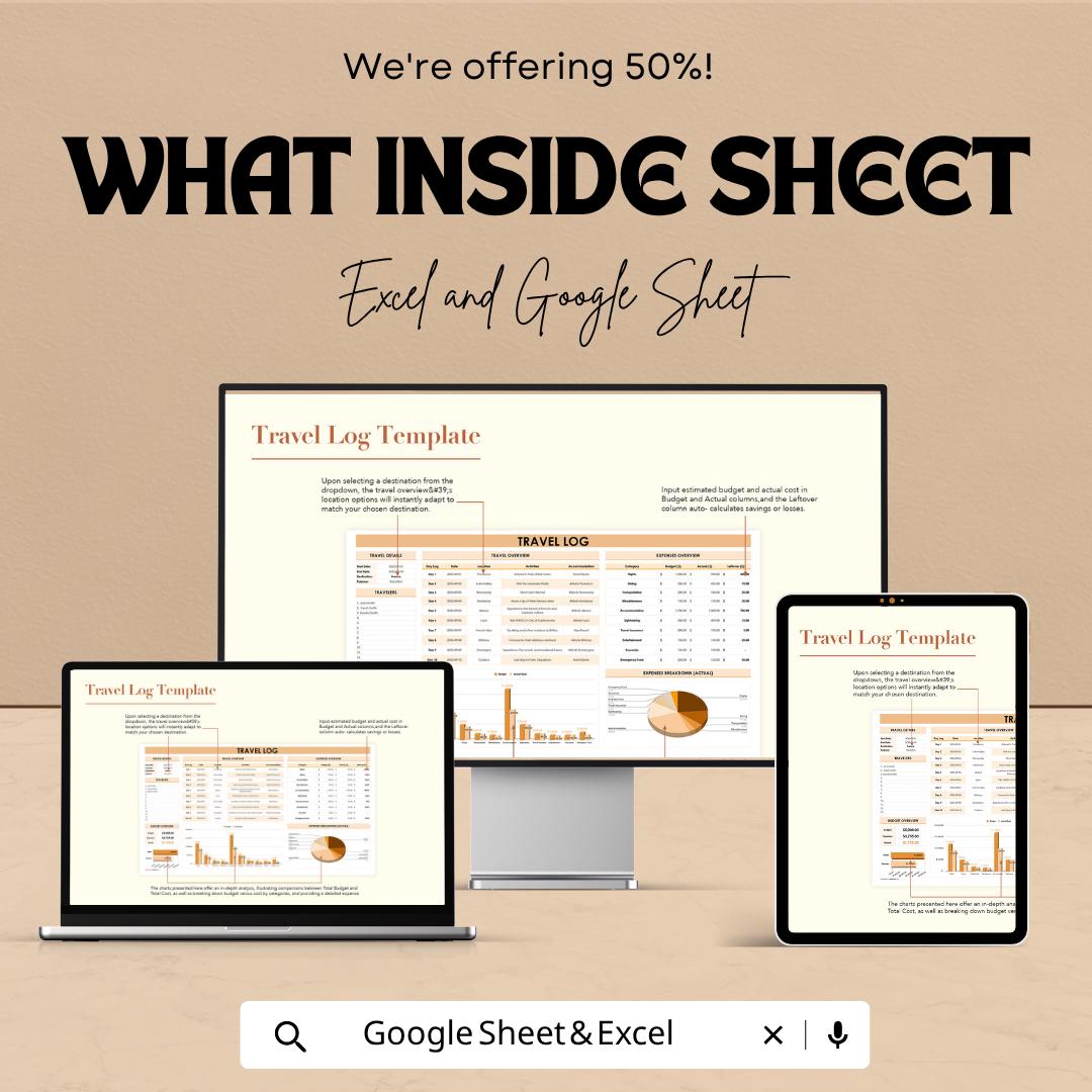 Travel Log Template | Excel Travel Tracker Spreadsheet | Google Sheets Travel Planner | Vacation Organizer | Trip Budget Planner |