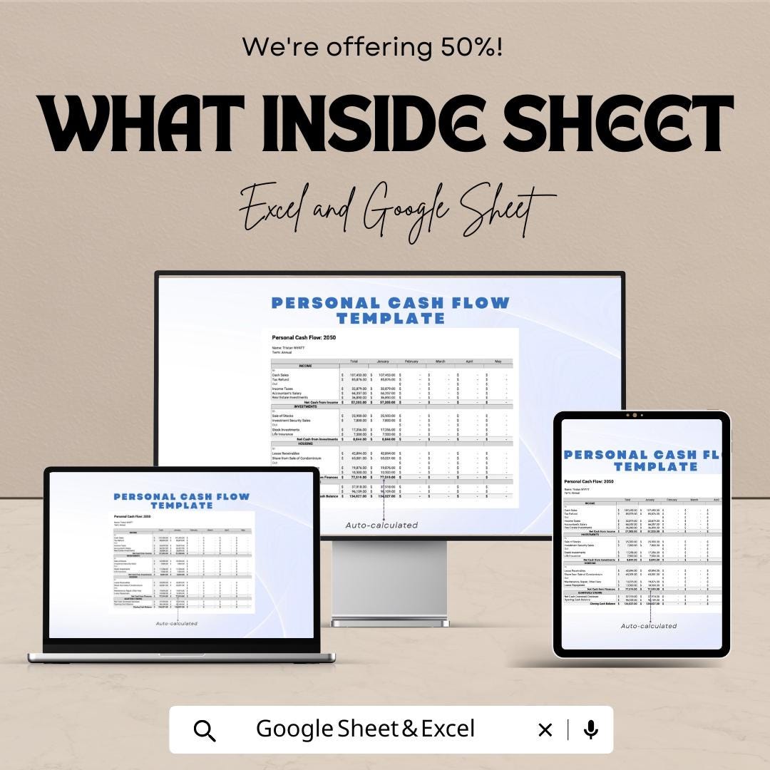 Personal Cash Flow Sheet | Monthly Budget Tracker Excel & Google Sheet | Income Expense Planner | Financial Spreadsheet Template