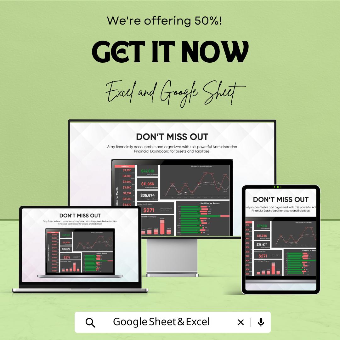 Administration Financial Dashboard – Excel and Google Sheets Template for Asset & Liability Tracking