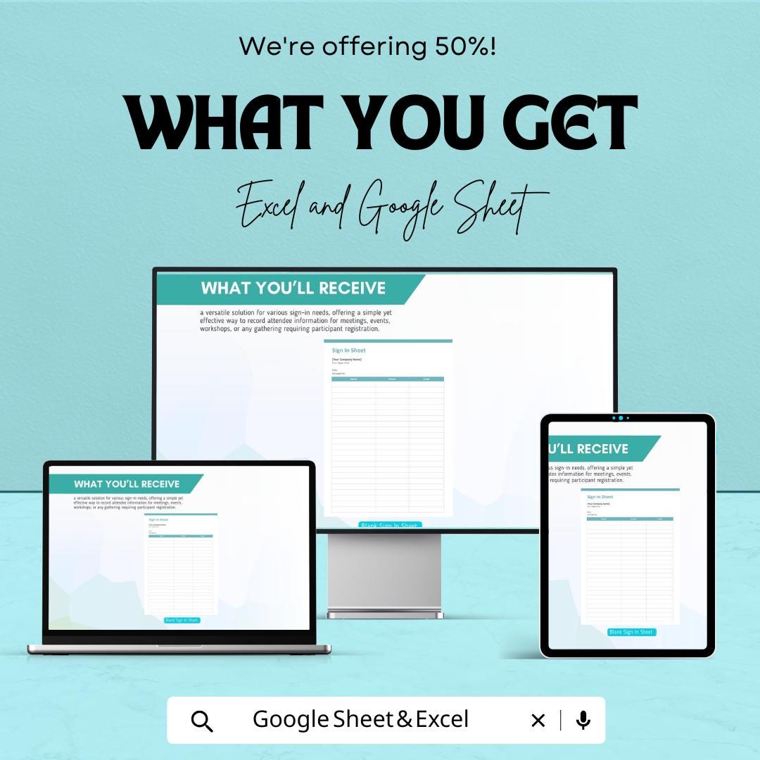 Blank Sign-In Sheet for Excel & Google Sheets – Customizable Template | Digital Download – 50% OFF
