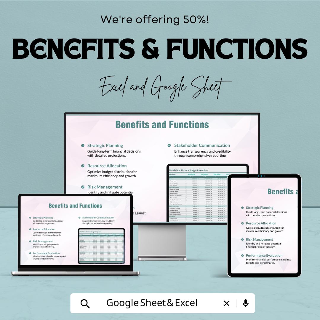 Multi-Year Finance Budget Projection Template | Annual Budget Planner | Financial Forecast Spreadsheet | Long-Term Budget Template