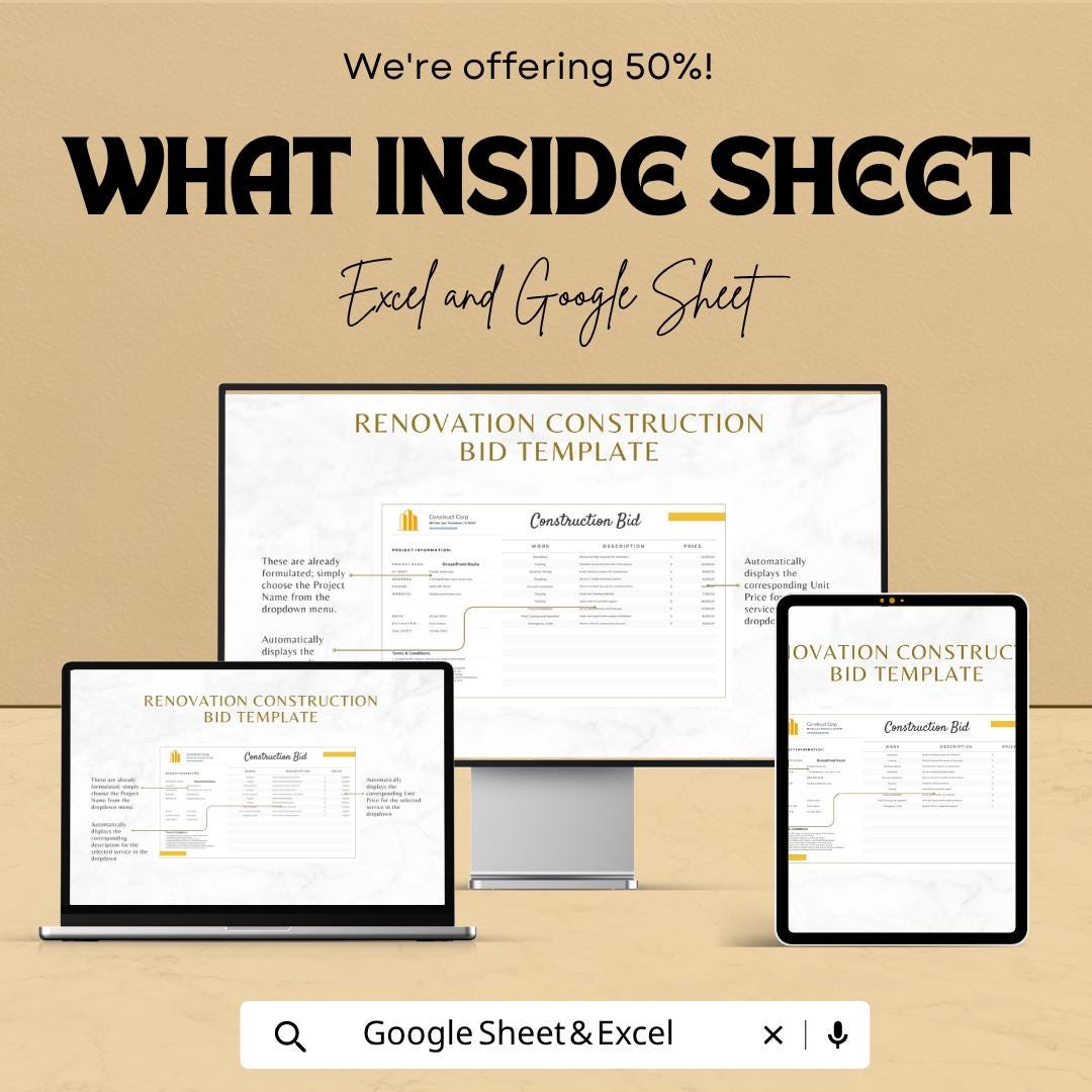 Renovation Construction Bid Template | Construction Bid Spreadsheet | Contractor Proposal Template | Excel & Google Sheets |