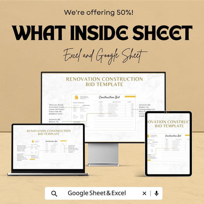 Renovation Construction Bid Template | Construction Bid Spreadsheet | Contractor Proposal Template | Excel & Google Sheets |