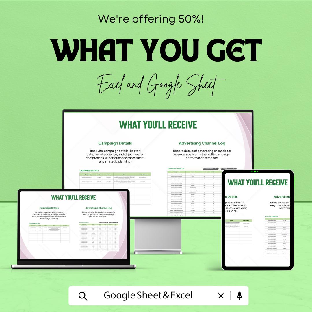 Advertising Multi-Campaign Performance Comparison Template for Excel & Google Sheets | 50% Off!