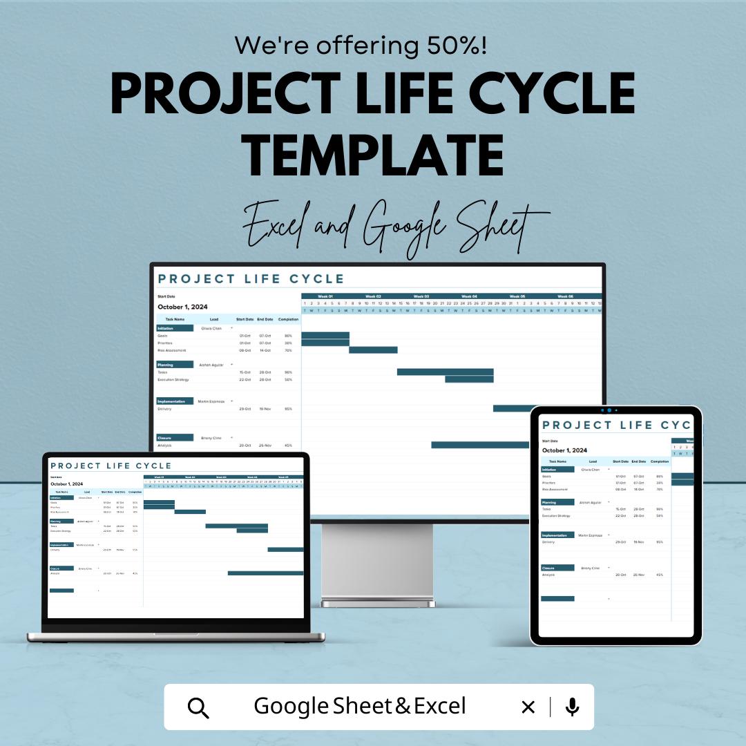 Project Life Cycle Template | Excel & Google Sheets Project Management Planner | Project Phases Tracker | Workflow and Milestone Spreadsheet
