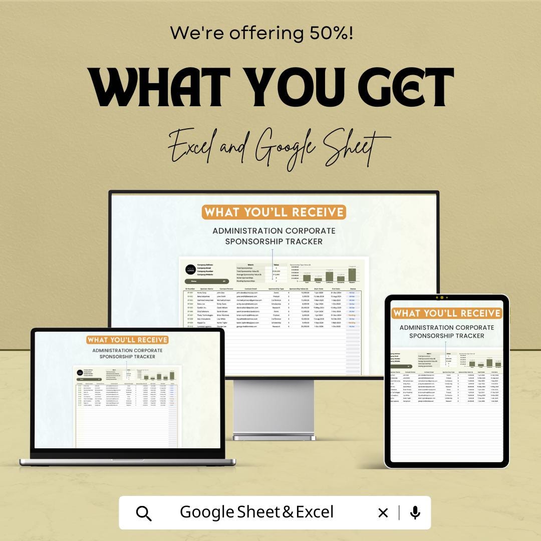 Corporate Sponsorship Tracker Template | Administration Sponsorship Management Spreadsheet | Excel & Google Sheets