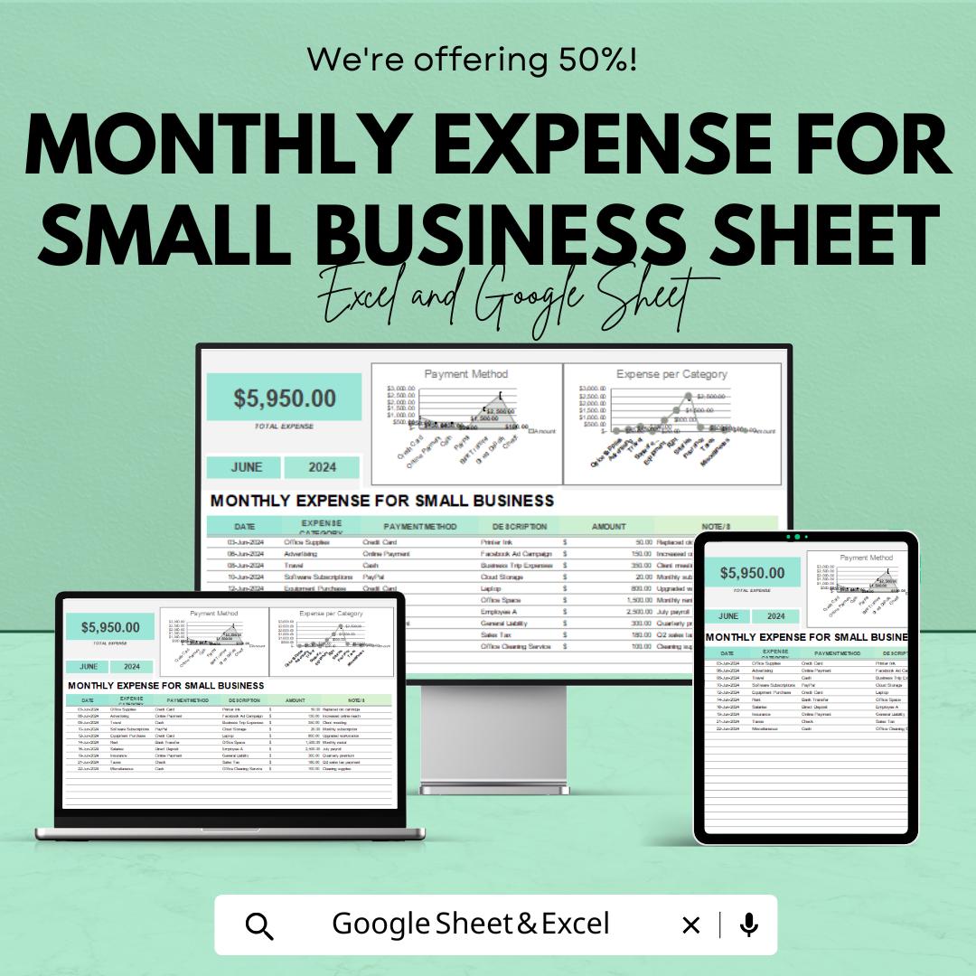 Monthly Expense for Small Business Sheet | Budget Tracking Excel & Google Sheets Template | Expense Log for Small Business |