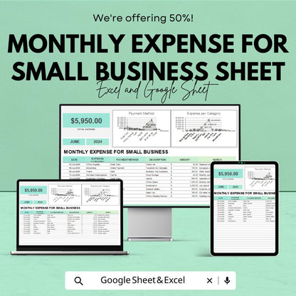 Monthly Expense for Small Business Sheet | Budget Tracking Excel & Google Sheets Template | Expense Log for Small Business |