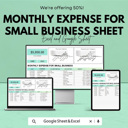Monthly Expense for Small Business Sheet | Budget Tracking Excel & Google Sheets Template | Expense Log for Small Business |