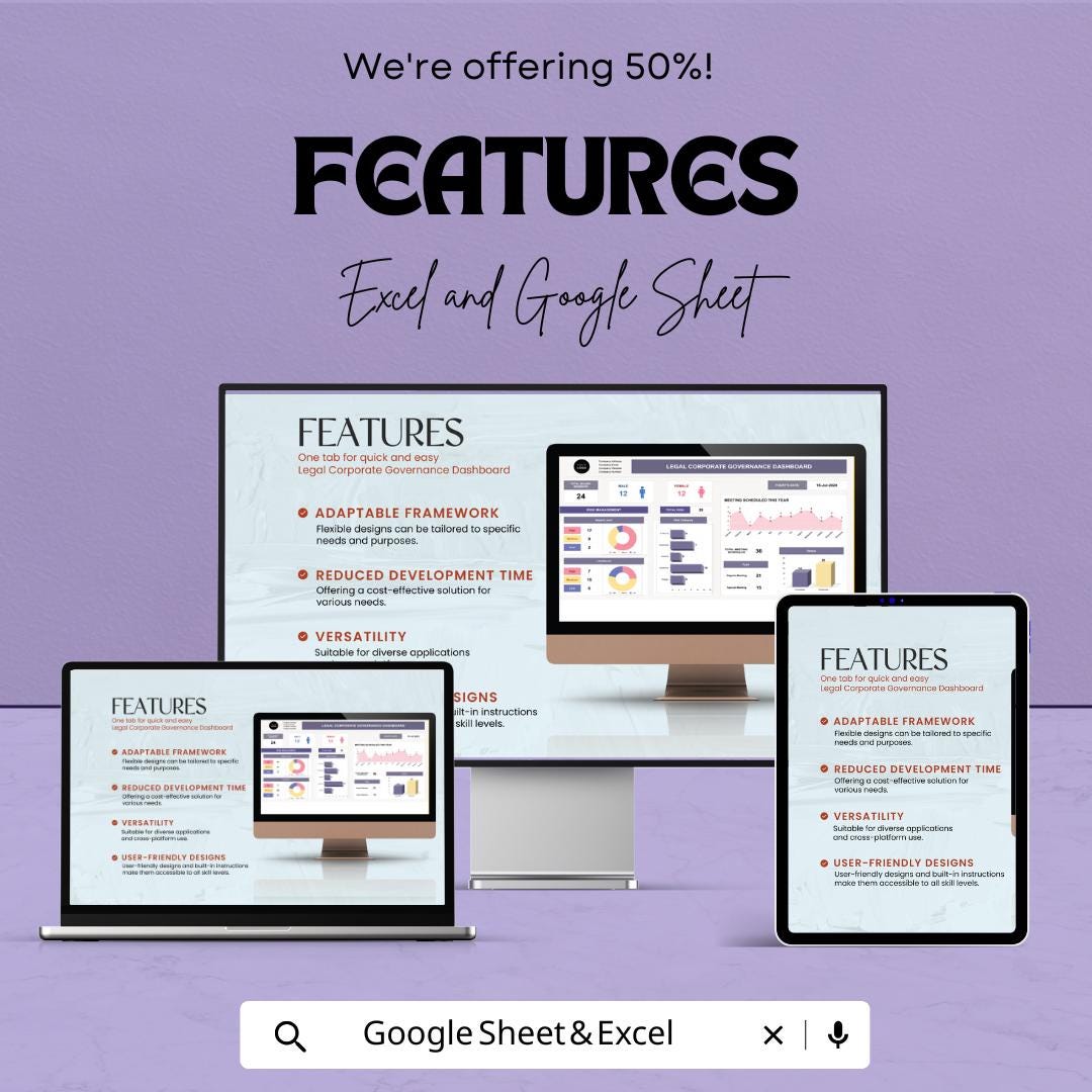 Legal Corporate Governance Dashboard | Excel and Google Sheet | Business Risk Management & Performance Tracking | ERG and Meeting Records