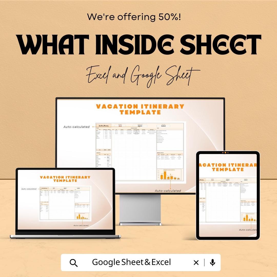 Vacation Itinerary Sheet for Excel & Google Sheets – Travel Planner, Vacation Schedule Template, Holiday Planner, Vacation Organizer,
