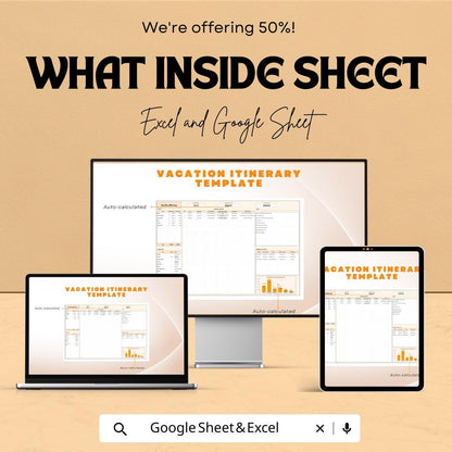 Vacation Itinerary Sheet for Excel & Google Sheets – Travel Planner, Vacation Schedule Template, Holiday Planner, Vacation Organizer,