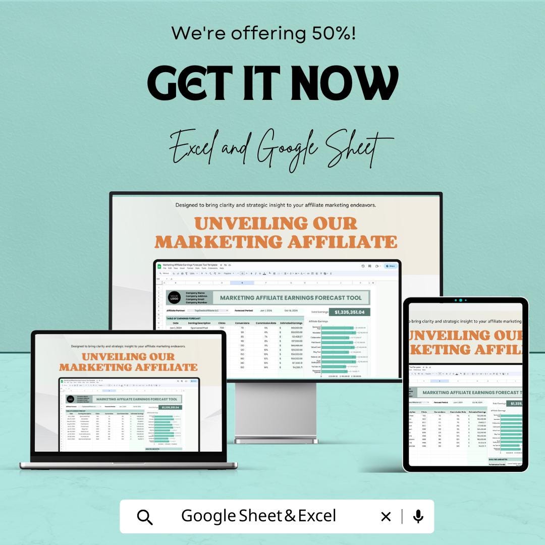 Marketing Affiliate Earnings Forecast Tool Sheet | Excel and Google Sheets | Track Affiliate Performance | Affiliate Marketing Tracker