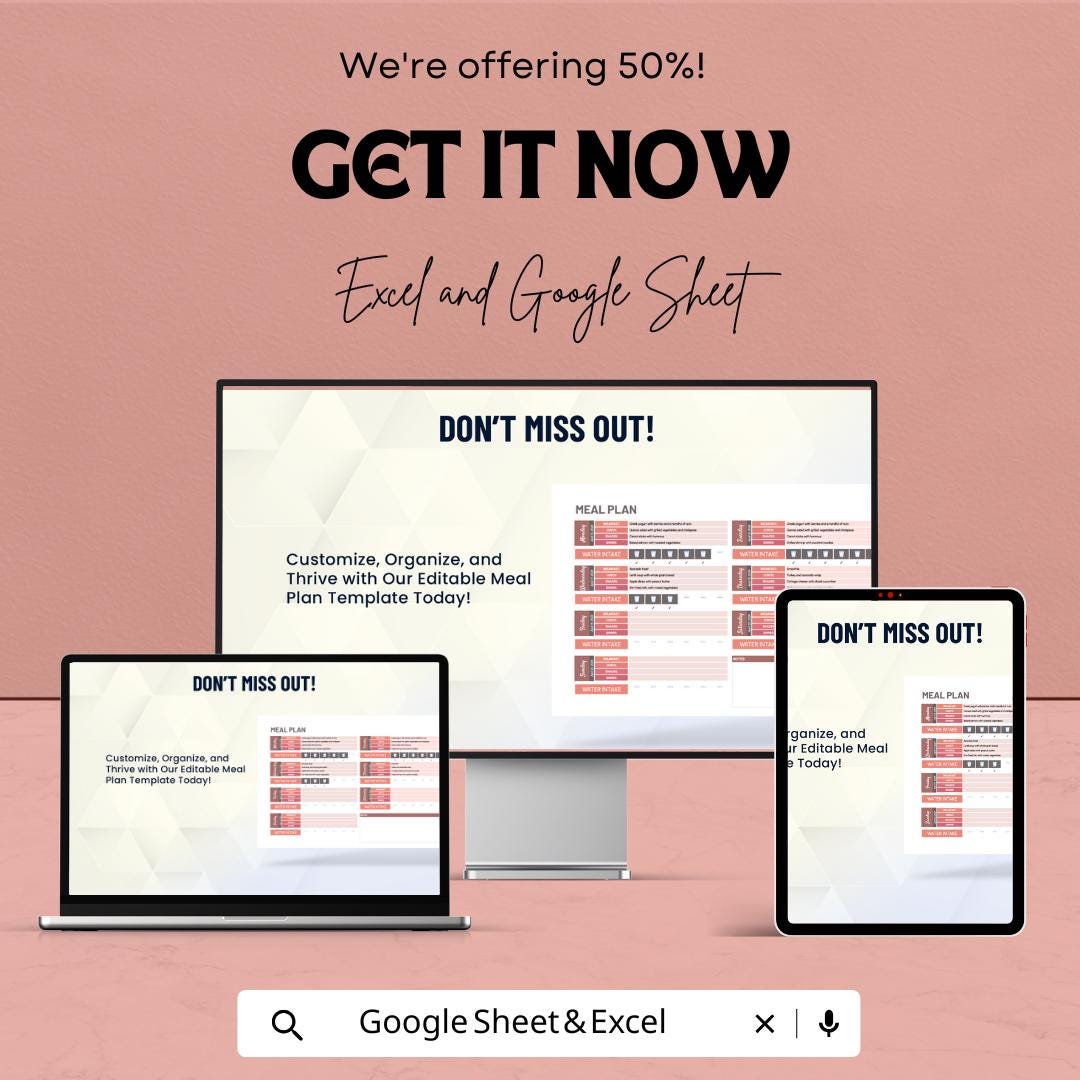 Editable Meal Plan Sheet | Easy Excel and Google Sheet Template for Weekly Meal Planning & Grocery List | Meal Prep Tracker