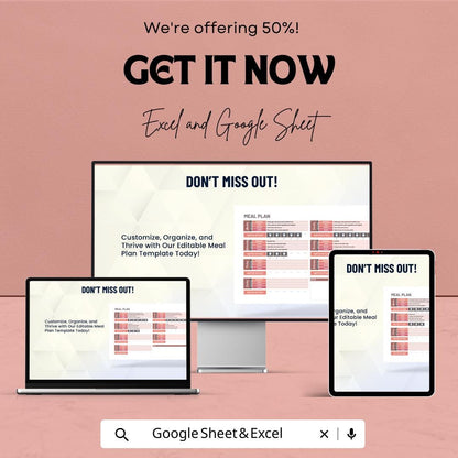 Editable Meal Plan Sheet | Easy Excel and Google Sheet Template for Weekly Meal Planning & Grocery List | Meal Prep Tracker