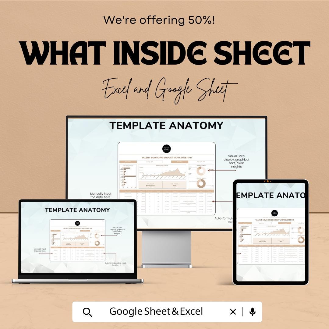 Talent Sourcing Budget Worksheet HR Template | Excel and Google Sheets | Recruitment Cost Tracker | Hiring Budget Planner | HR Expense