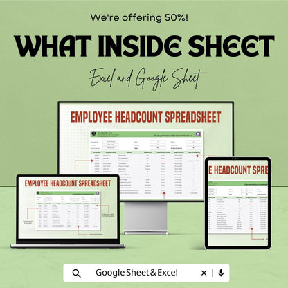 Employee Headcount Spreadsheet Template | Track Staff, Department & Employment Details | Google Sheets and Excel Compatible
