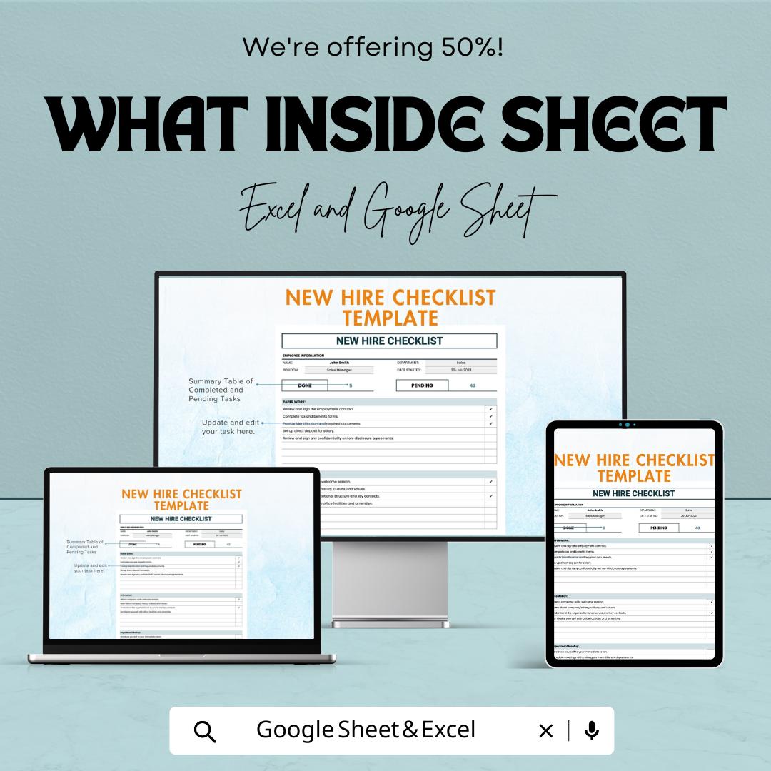 New Hire Checklist Sheet | Employee Onboarding Excel and Google Sheet Template | Task Management & Documentation