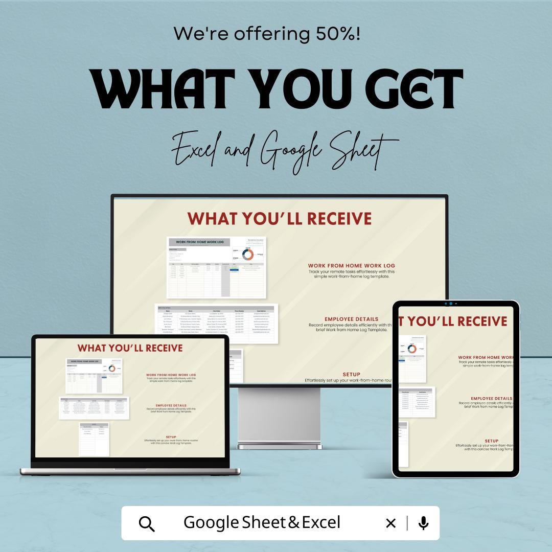 Work From Home Work Log Template | Remote Work Tracker Spreadsheet |  Work Log | Employee Work Log Sheet | Productivity Tracker