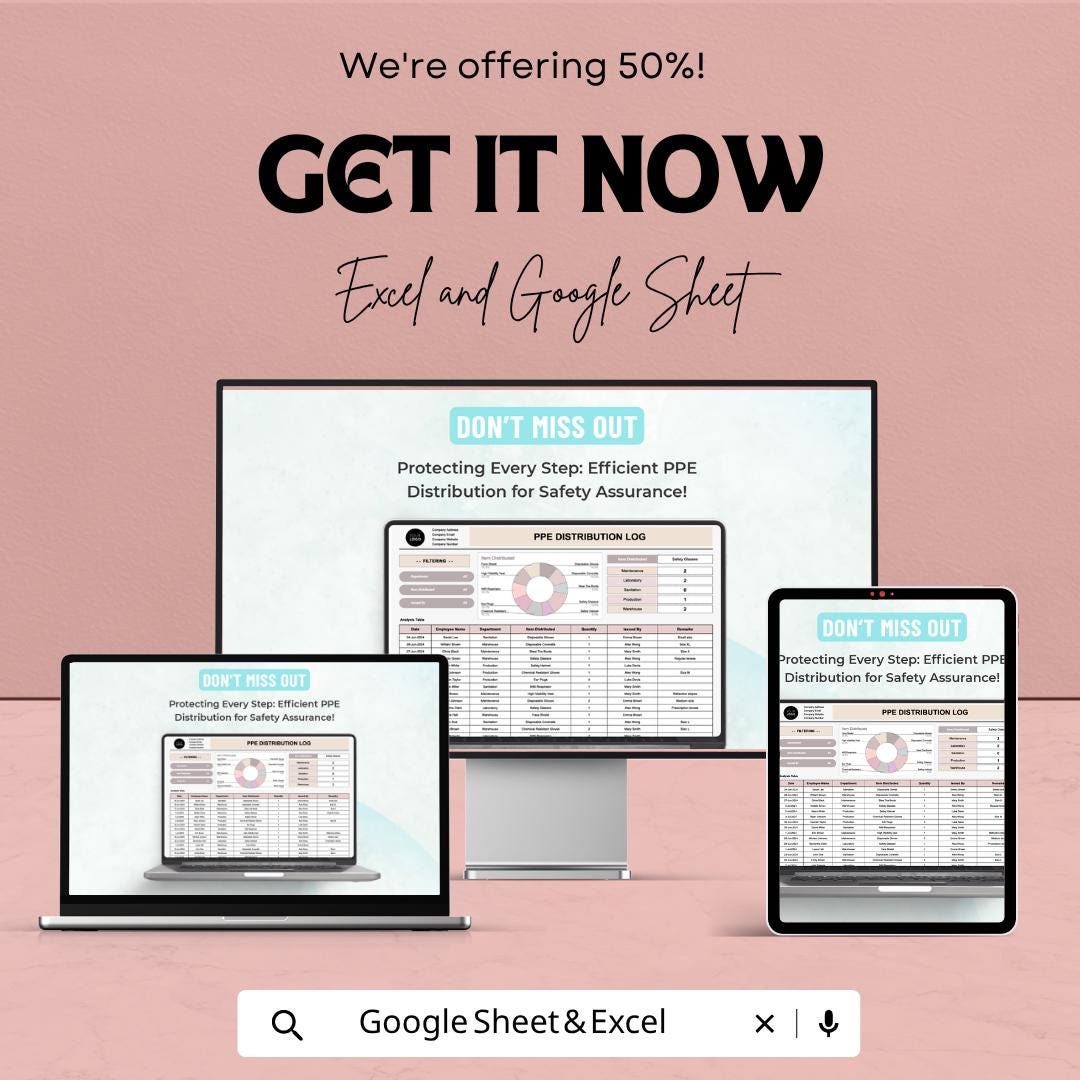 PPE Distribution Log Template | Safety Equipment Tracking Sheet | PPE Inventory Tracker | Excel & Google Sheets | Employee PPE Record Log