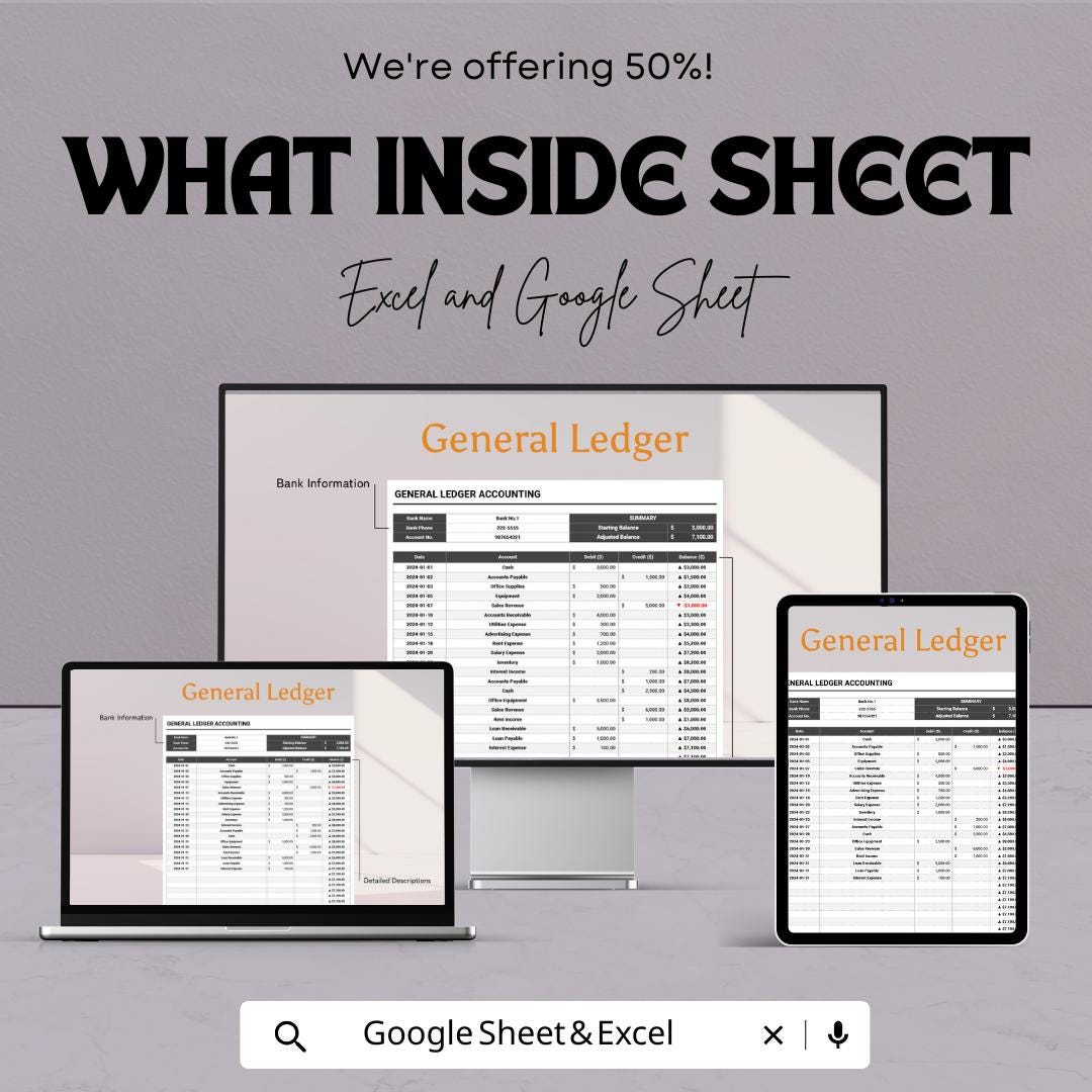 General Ledger Accounting Template | Excel & Google Sheets | Ledger Book Spreadsheet | Debit Credit Tracker | Bookkeeping Template
